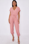 Pink V-Neck Belted Jumpsuit