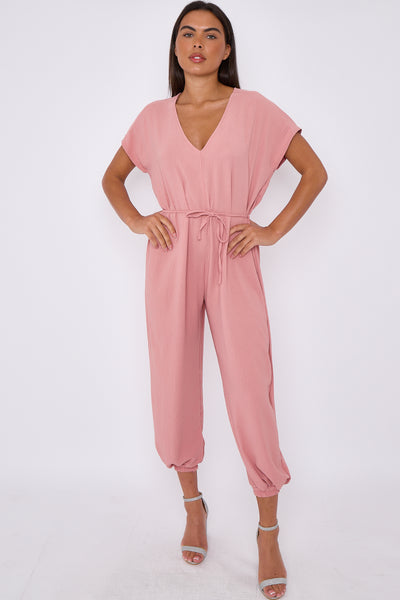 Pink V-Neck Belted Jumpsuit