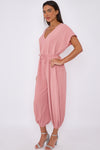 Pink V-Neck Belted Jumpsuit