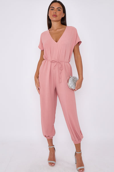 Pink V-Neck Belted Jumpsuit