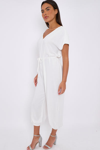 White V-Neck Belted Jumpsuit