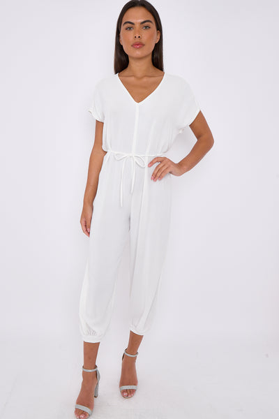 White V-Neck Belted Jumpsuit