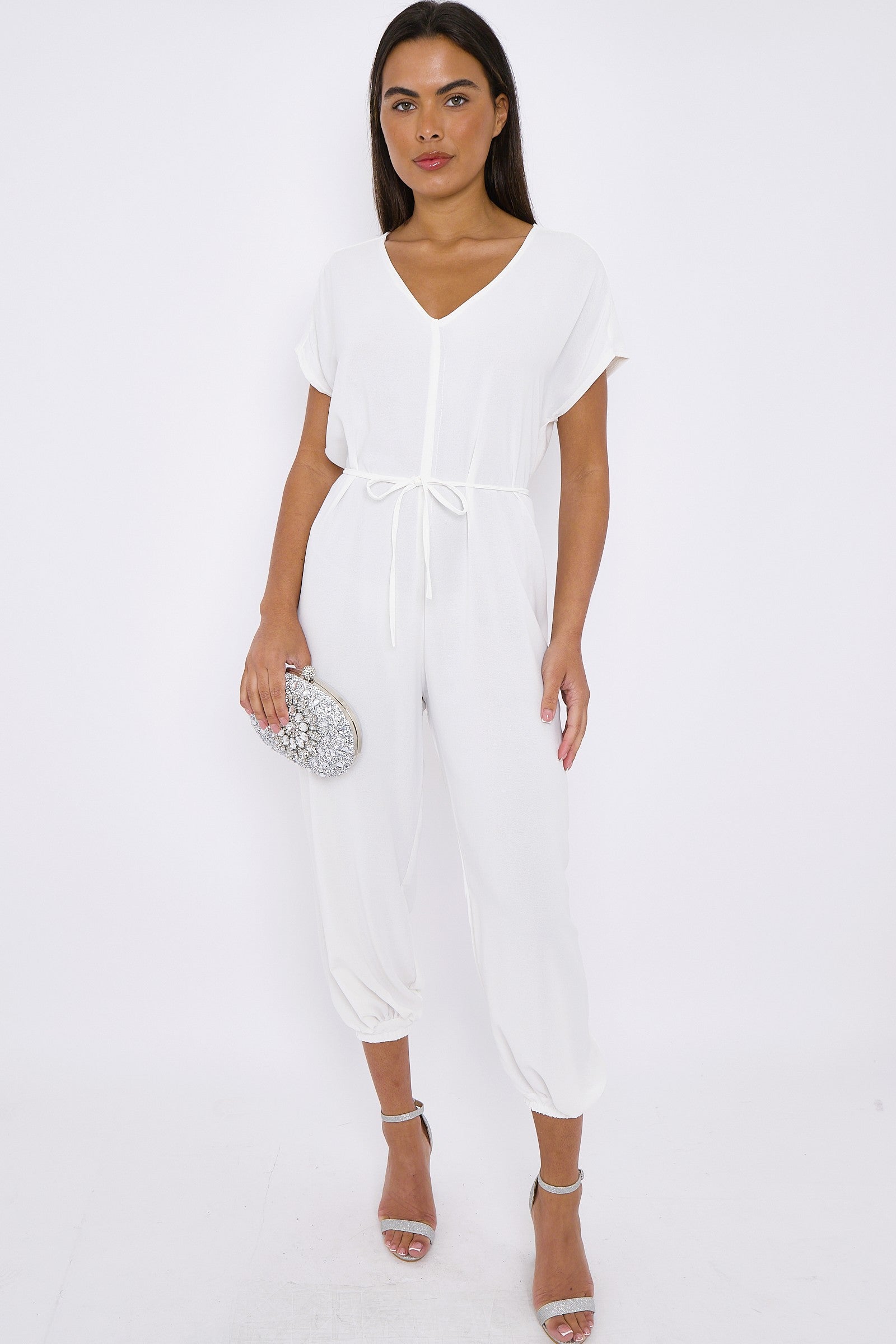 White V-Neck Belted Jumpsuit