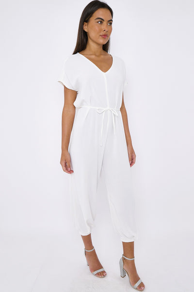 White V-Neck Belted Jumpsuit