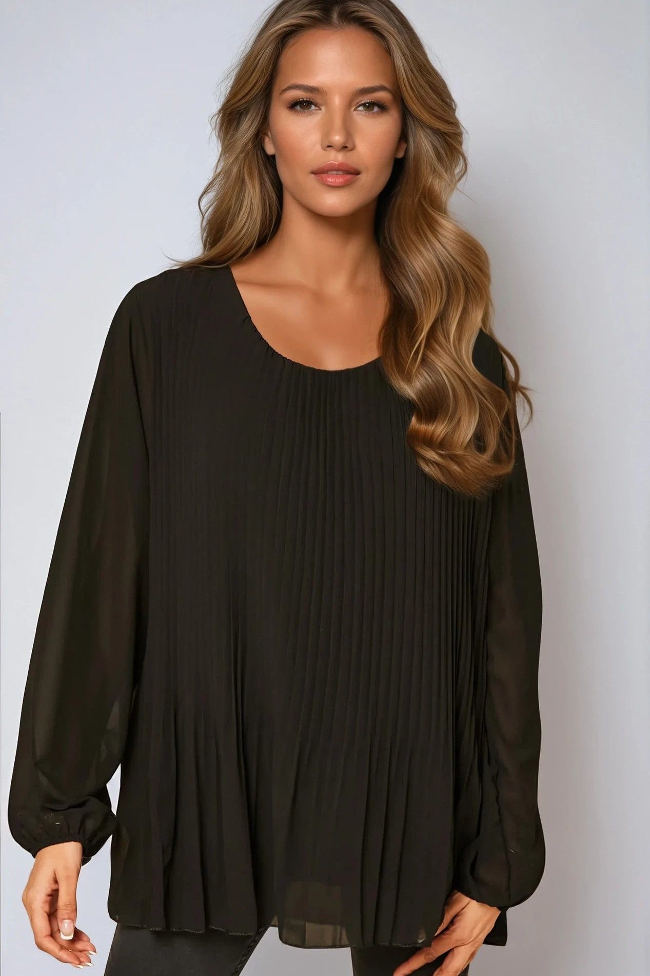 Black Long Sleeve Pleated Blouse