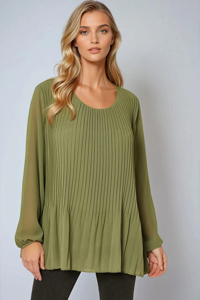 Khaki Long Sleeve Pleated Blouse