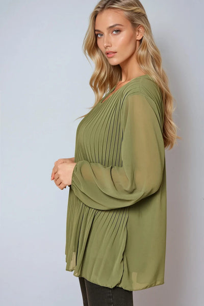 Khaki Long Sleeve Pleated Blouse