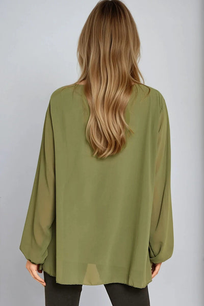 Khaki Long Sleeve Pleated Blouse