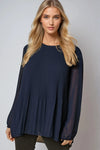 Navy Long Sleeve Pleated Blouse