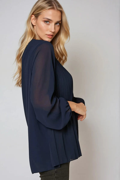 Navy Long Sleeve Pleated Blouse