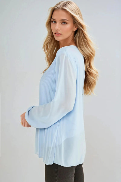 Light Blue Long Sleeve Pleated Blouse