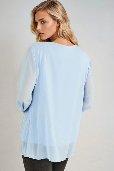 Light Blue Long Sleeve Pleated Blouse