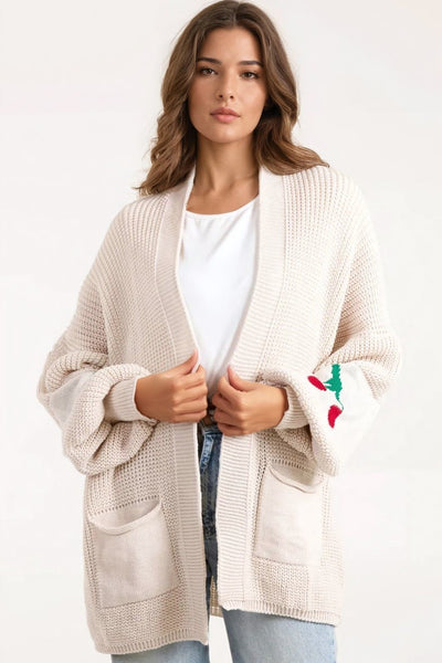 Beige Cherry Knitted Cardigan with Pockets