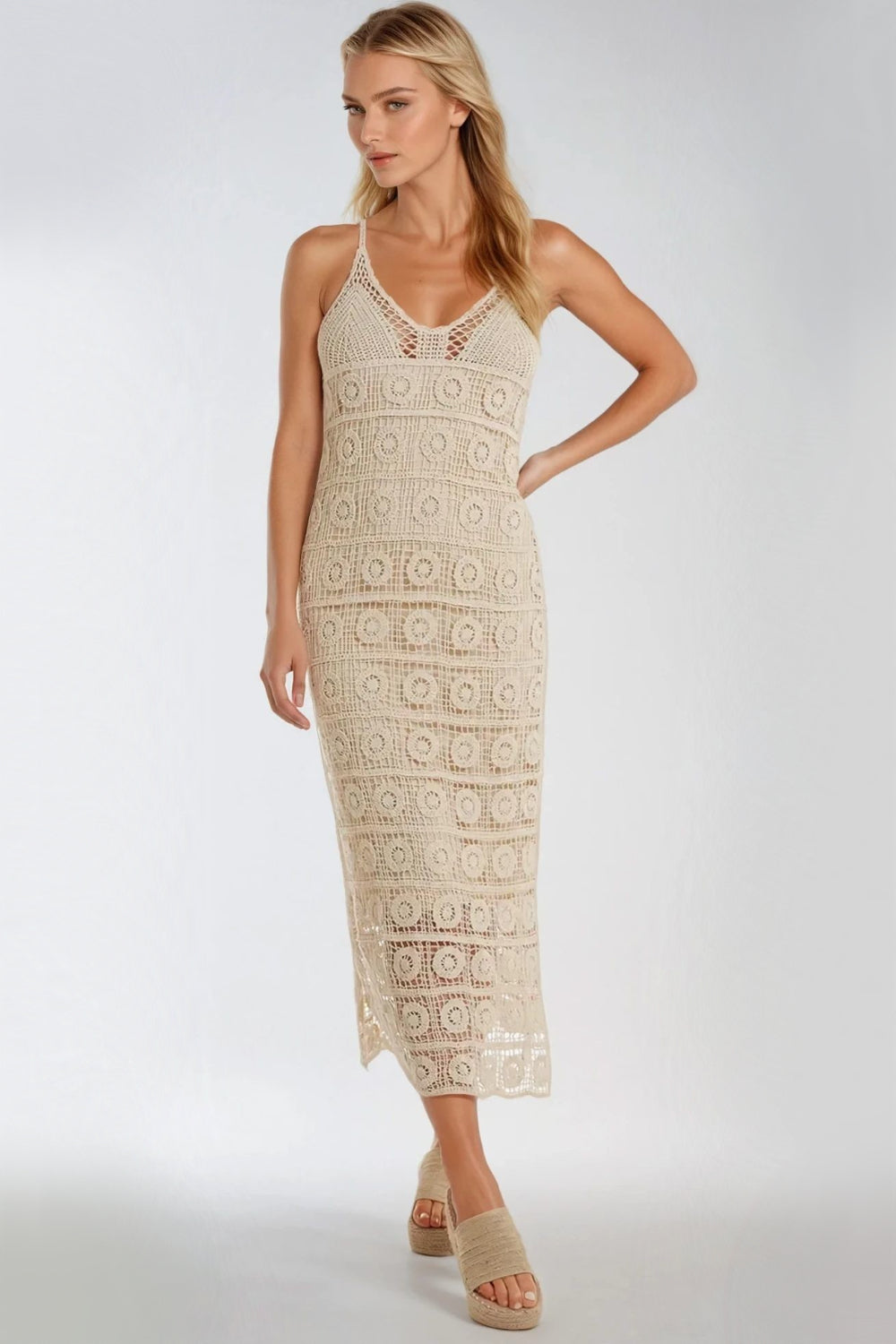 Beige Crochet Strappy Maxi Dress