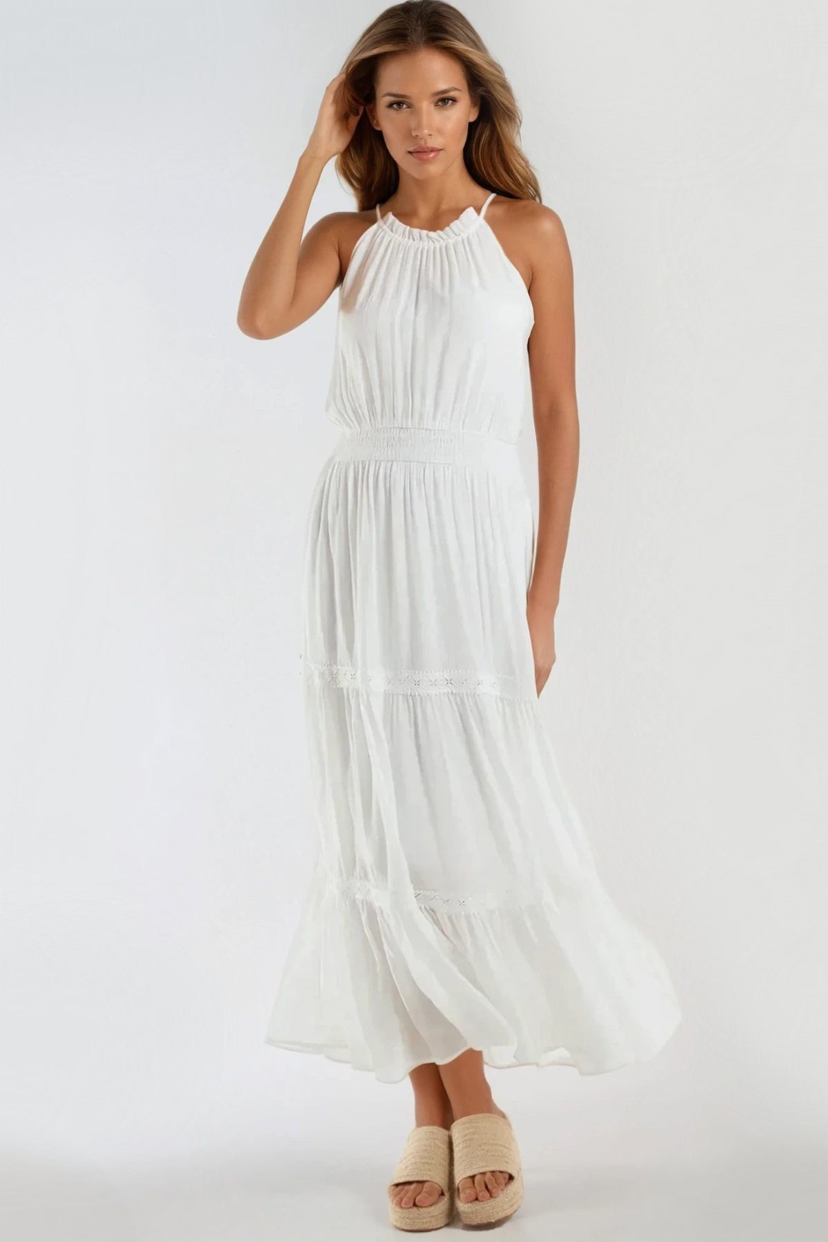 Ivory Tiered Halterneck Maxi Dress With Crochet Details