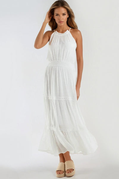 Ivory Tiered Halterneck Maxi Dress With Crochet Details