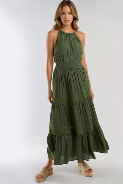 Khaki Tiered Halterneck Maxi Dress With Crochet Details