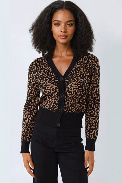 Black And Camel Cropped Leopard Cardigan