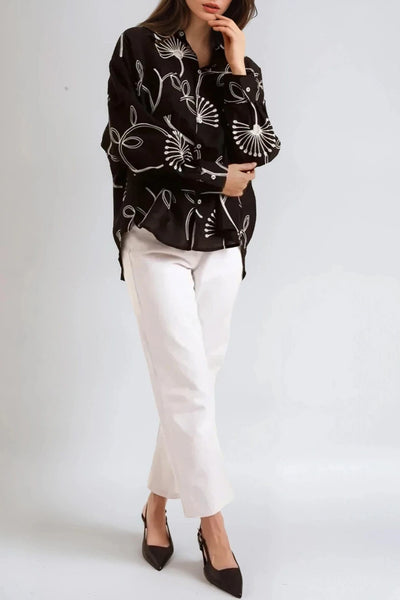 Black Embroidered Linen Blend Shirt