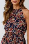 Navy Floral Print Halterneck Dress