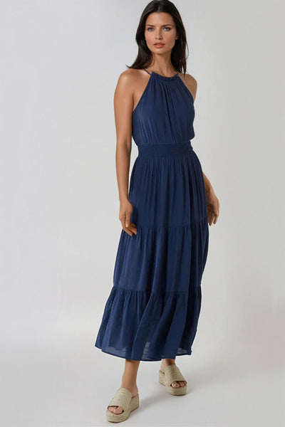 Navy Tiered Halterneck Maxi Dress