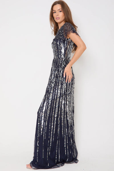 Navy Silver Sequin Maxi Dress