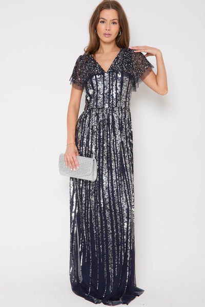 Navy Silver Sequin Maxi Dress