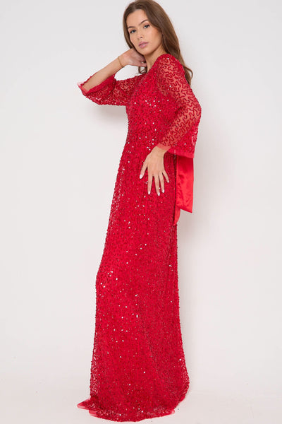 Red Sequin Angel Sleeve Open Back Maxi Dress