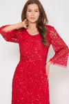 Red Sequin Angel Sleeve Open Back Maxi Dress