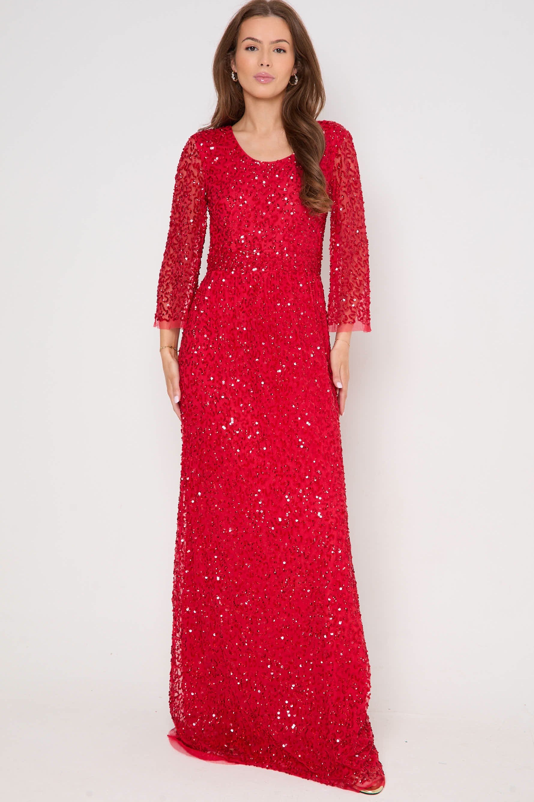 Red Sequin Angel Sleeve Open Back Maxi Dress