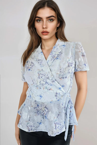 Blue Floral Wrap Blouse with Short Balloon Sleeves