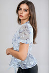 Blue Floral Wrap Blouse with Short Balloon Sleeves