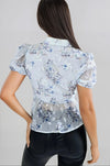 Blue Floral Wrap Blouse with Short Balloon Sleeves