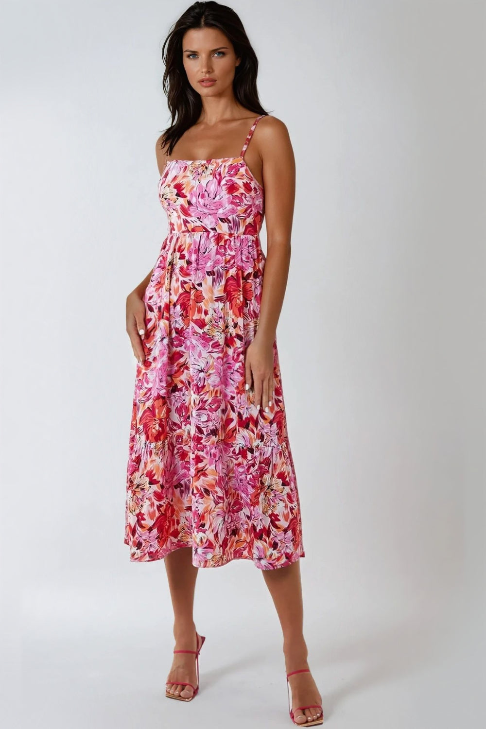 Pink Floral Cami Midi Dress With Cut Out Back