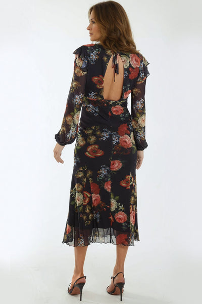 Black Floral Godet Hem Frill Midi Dress