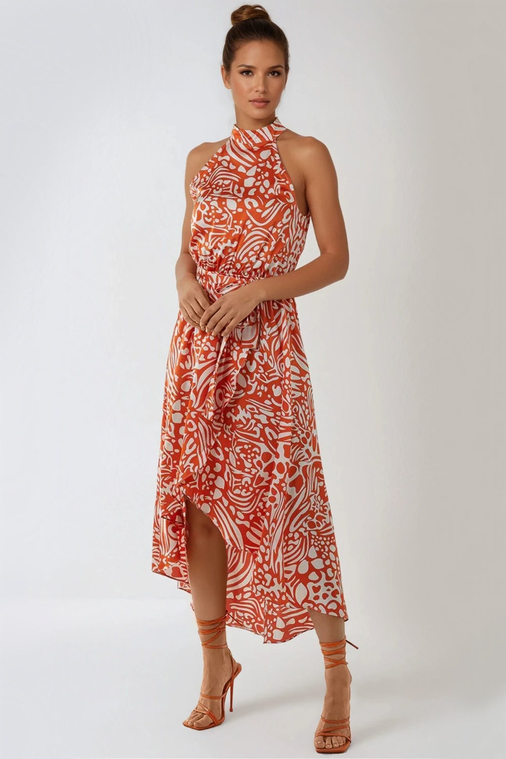 Orange Floral Halterneck Wrap Midi Dress