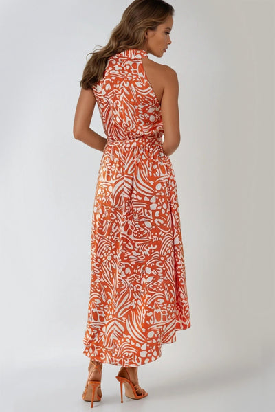 Orange Floral Halterneck Wrap Midi Dress