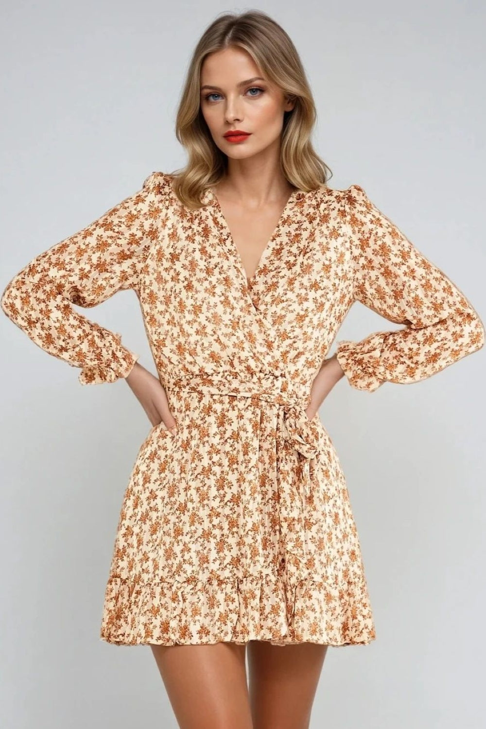 Beige Floral Wrap Mini Dress