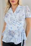 Light Blue Floral Wrap Blouse with Short Balloon Sleeves