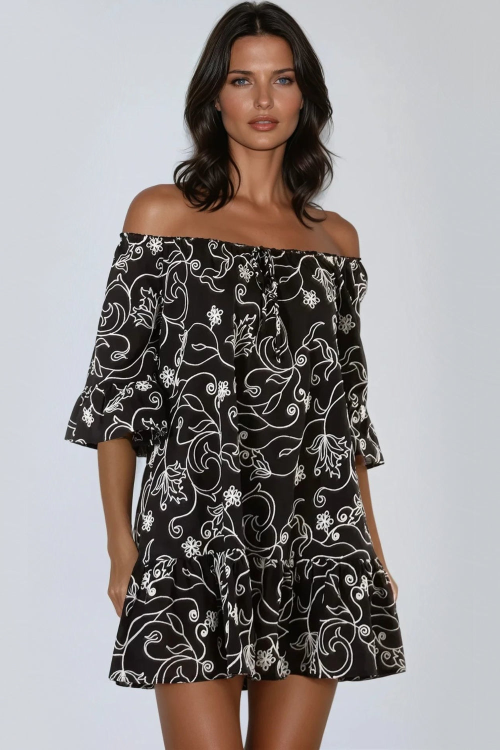 Black Flower Embroidered Bardot Mini Dress