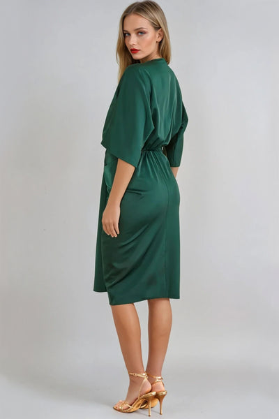 Green Satin Wrap Midi Dress