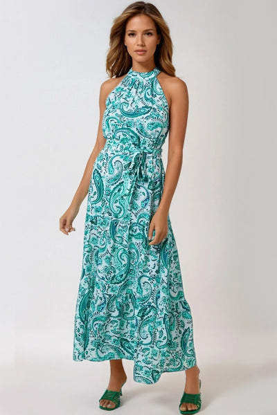 Green Paisley Print Halterneck Maxi Dress