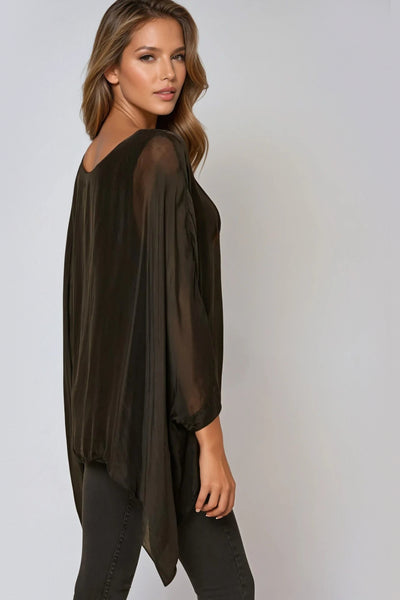 Black Silk Batwing Sleeve Blouse