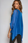 Royal Blue Silk Batwing Sleeve Round Neck Blouse