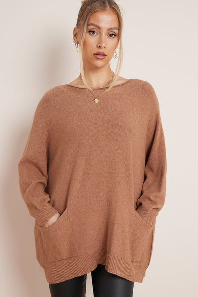 Camel Round Neck Jumper with Pockets