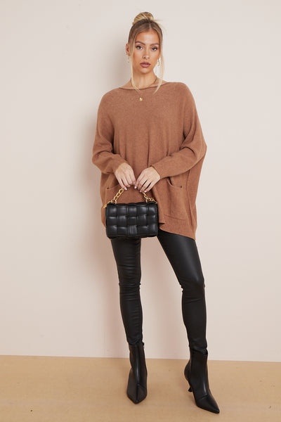 Camel Round Neck Jumper with Pockets