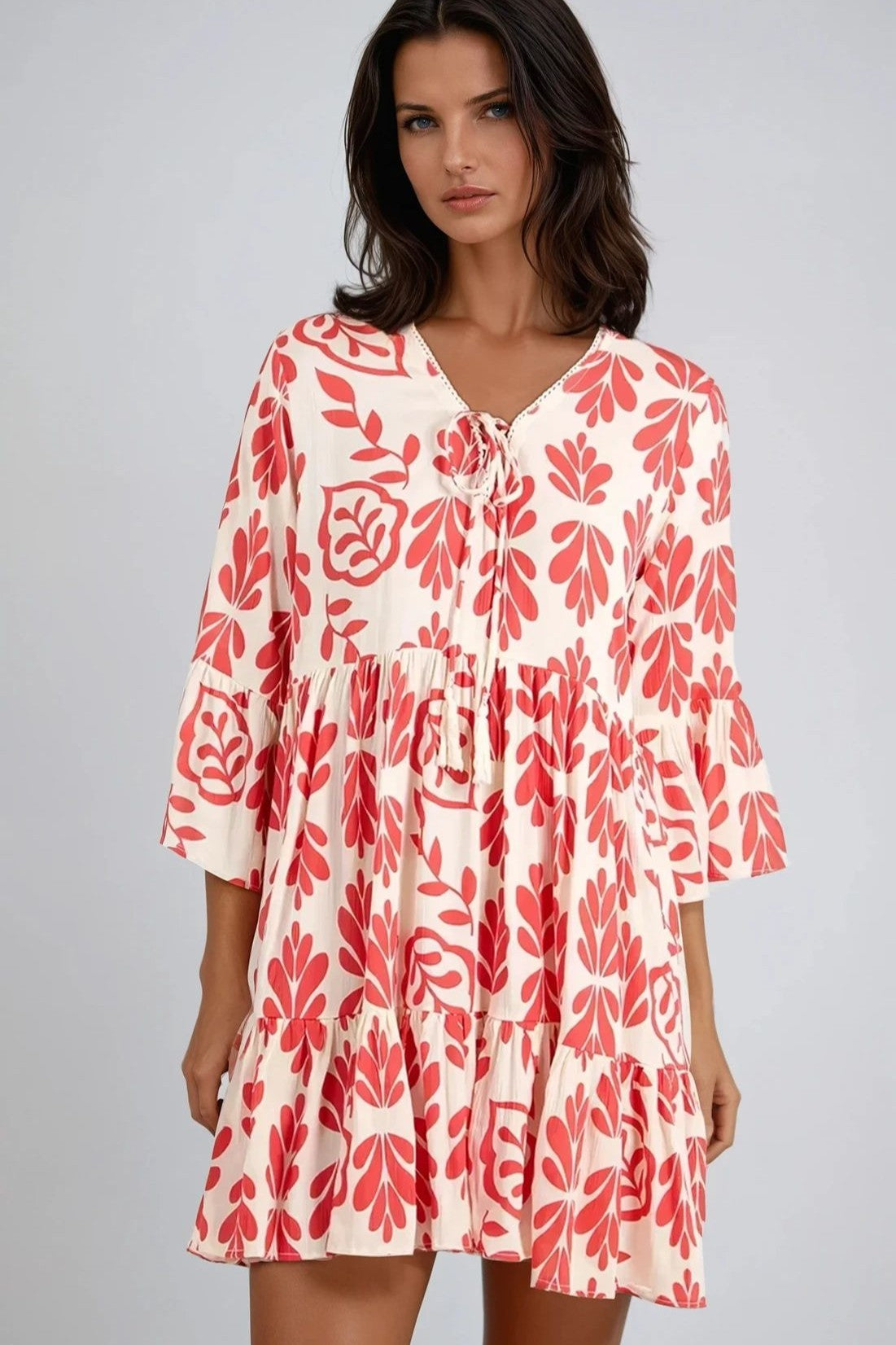 Red Floral Print Beach Smock Dress