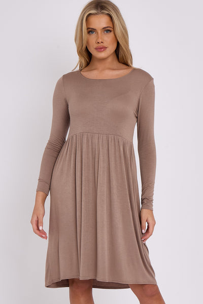 Mocha Long Sleeve Gathered Waist Dress