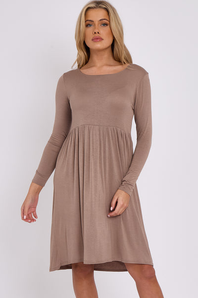 Mocha Long Sleeve Gathered Waist Dress