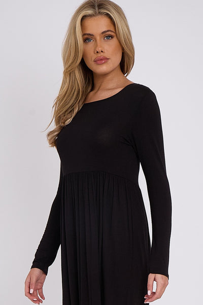 Black Long Sleeve Gathered Waist Dress